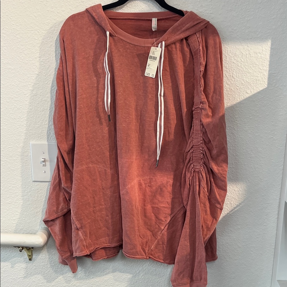 Free People Ruched Sleeve Washed Rust Hoodie nwt
